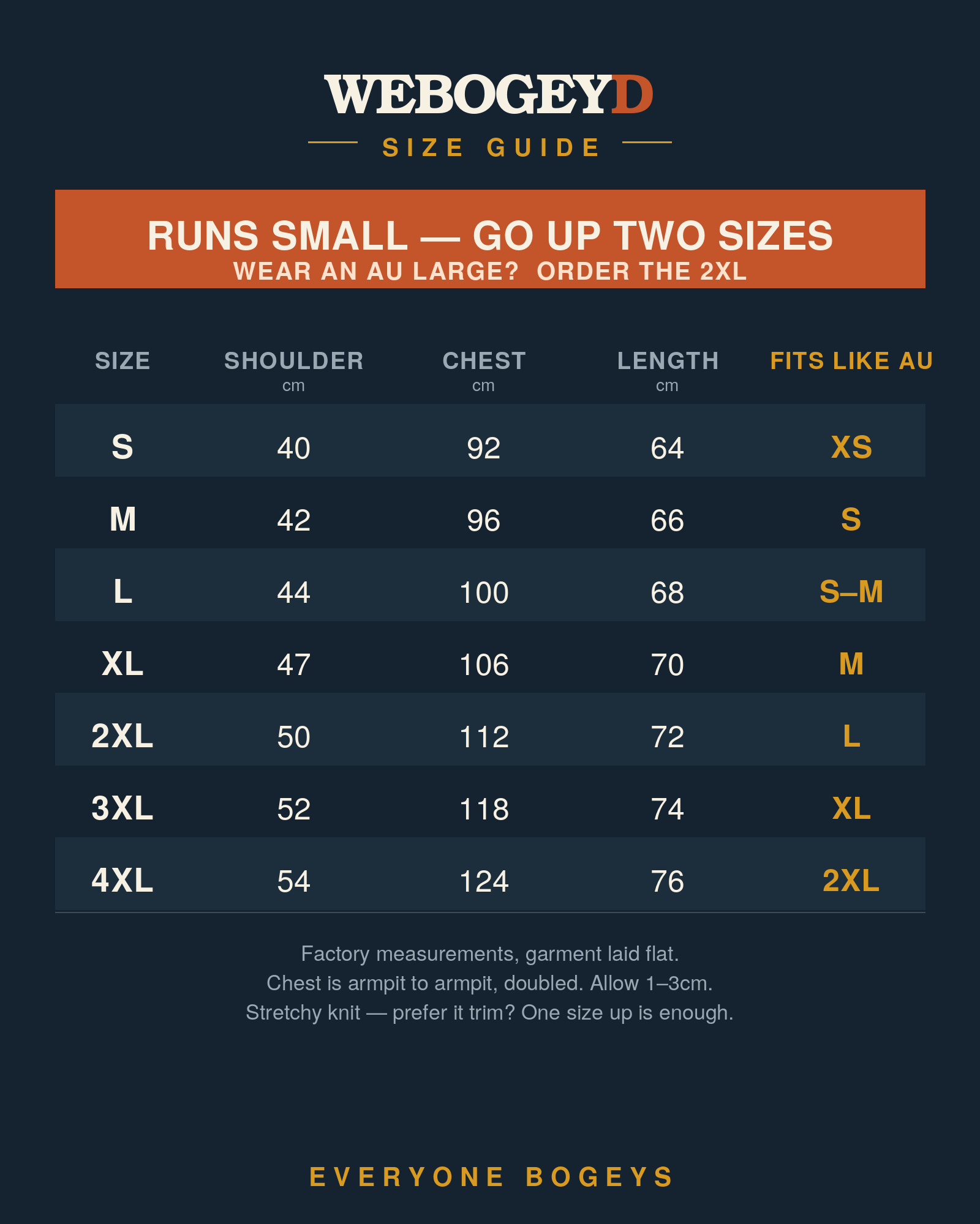 WeBogeyd size guide — runs small, go up two sizes. Factory measurements S to 4XL.