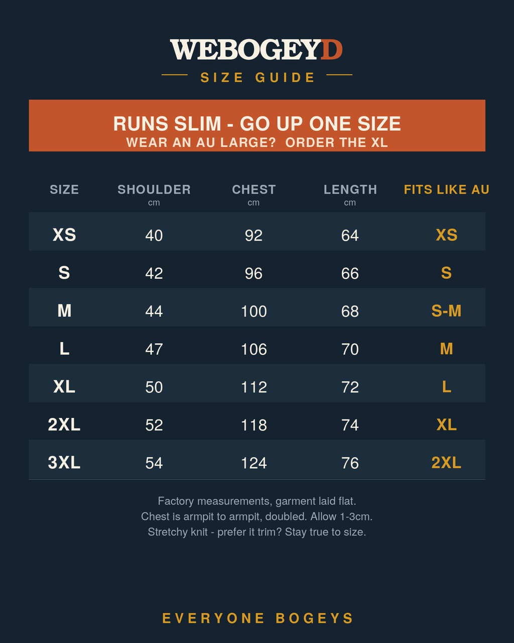 WeBogeyd size guide: runs slim, go up one size. AU Large orders the XL.