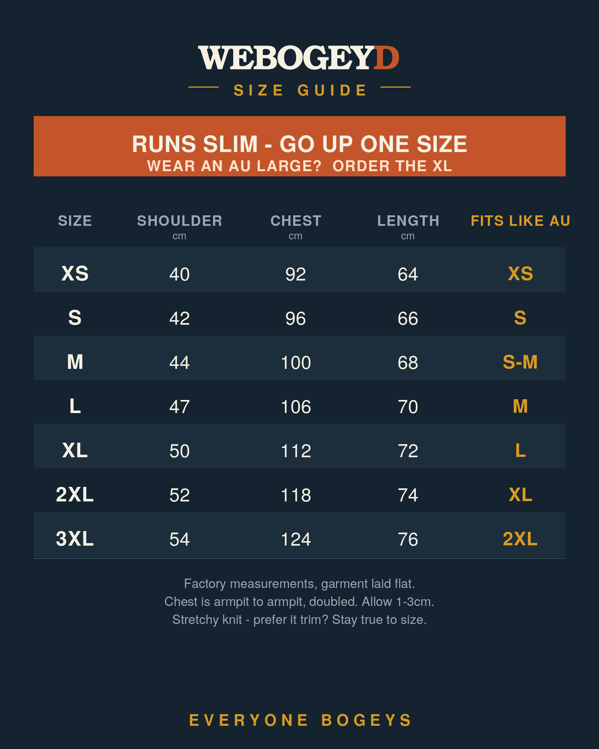 WeBogeyd size guide: runs slim, go up one size. AU Large orders the XL.