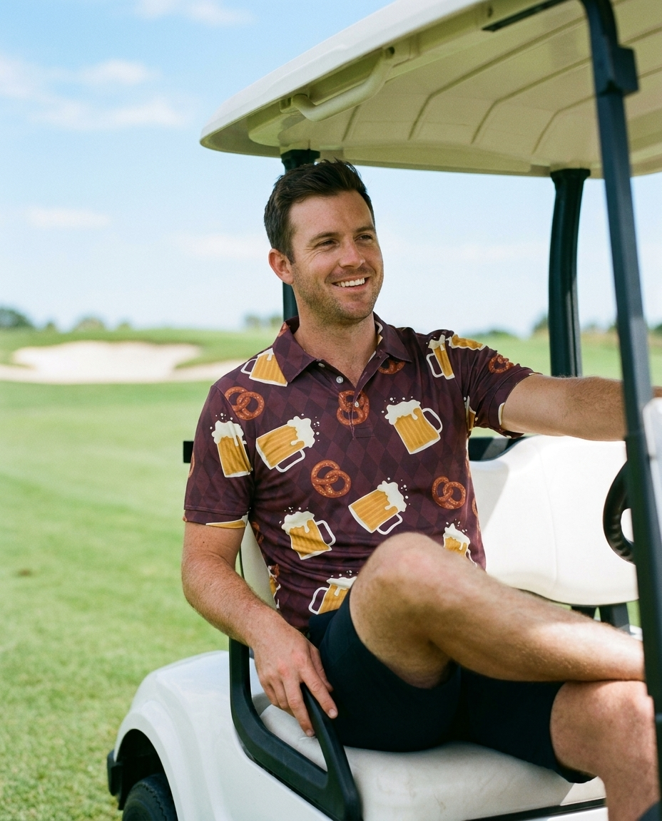 Golfer sitting on a buggy in The Argyle Incident polo