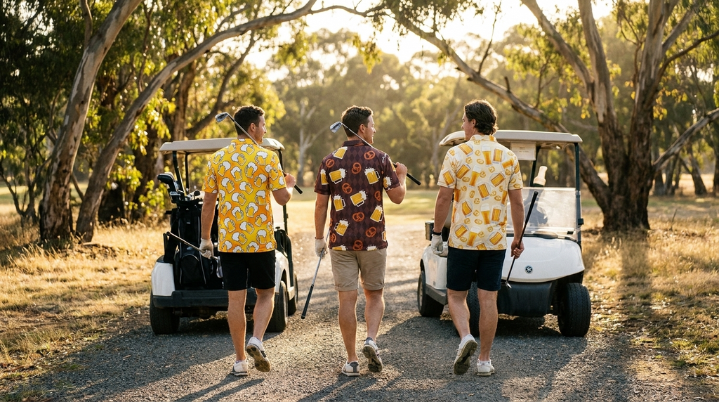 Three golfers walking the cart path on a golf trip in WeBogeyd polos