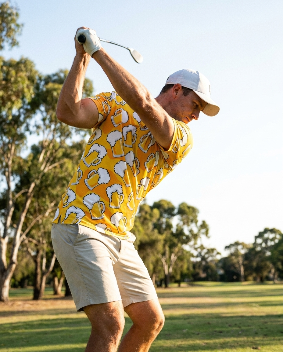 Golfer mid-swing wearing the Golden Hour beer print polo