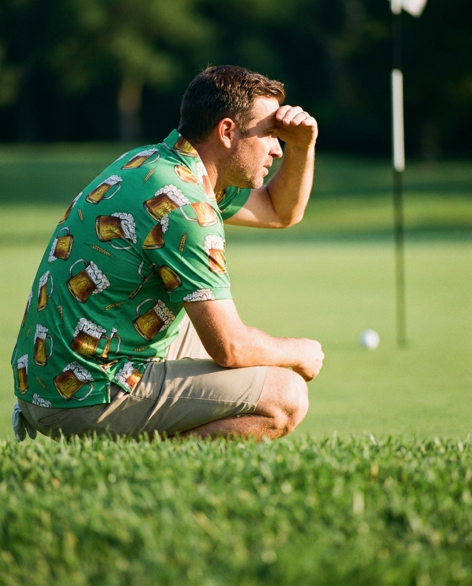 Golfer reading a putt in the Green Fees polo