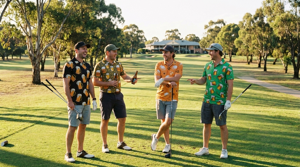 Four mates on the first tee in WeBogeyd beer print golf polos