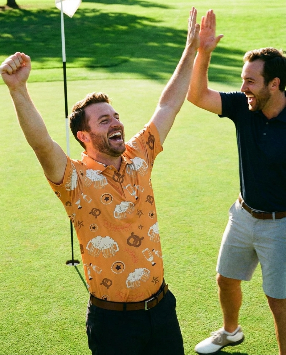 Golfers celebrating a putt in the Beverage Cart VIP polo