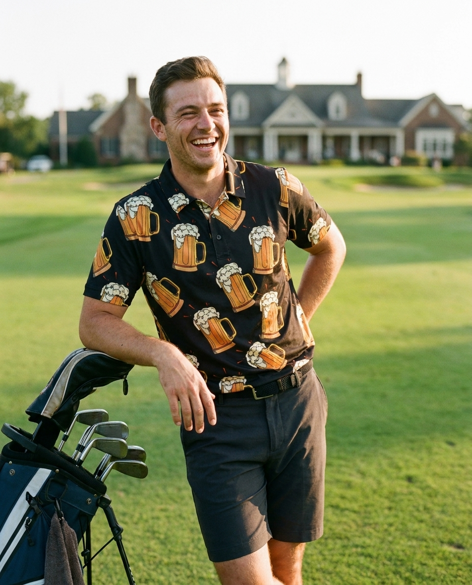Golfer leaning on his bag in the Back Nine Blackout polo