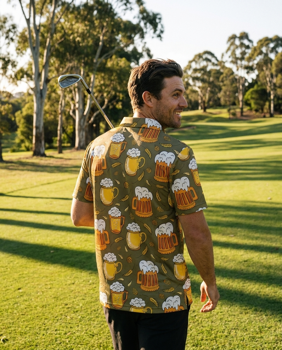Back view of the Hops and Hazards polo walking down the fairway
