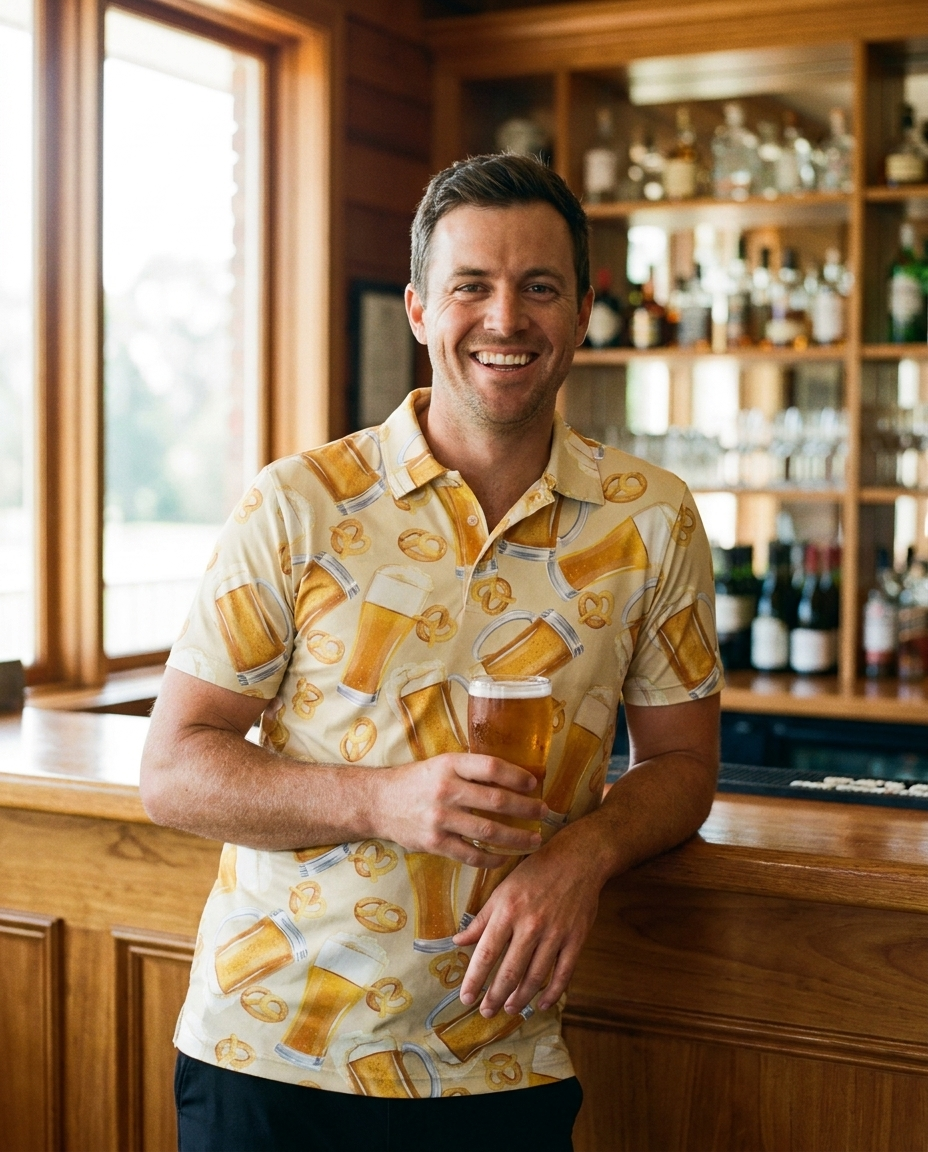 Golfer at the clubhouse bar in the Clubhouse Pilsner polo
