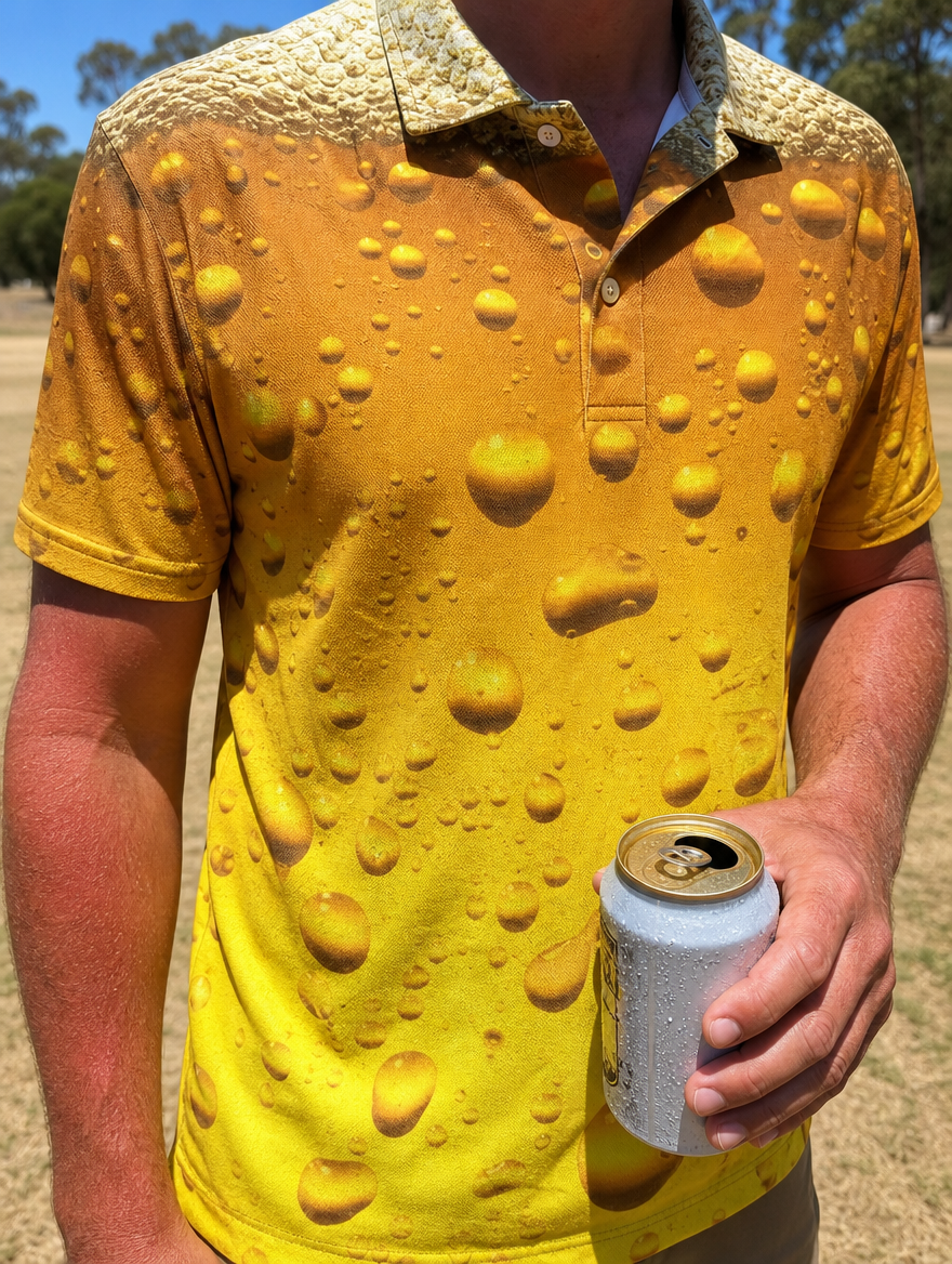 Close detail of the Liquid Handicap polo with a cold beer in hand