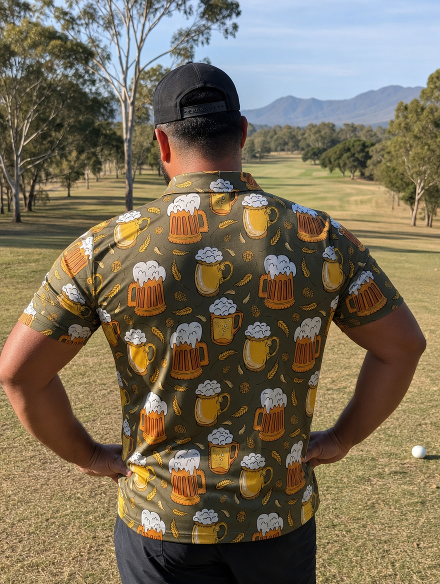 Back view of the Hops and Hazards polo on the tee
