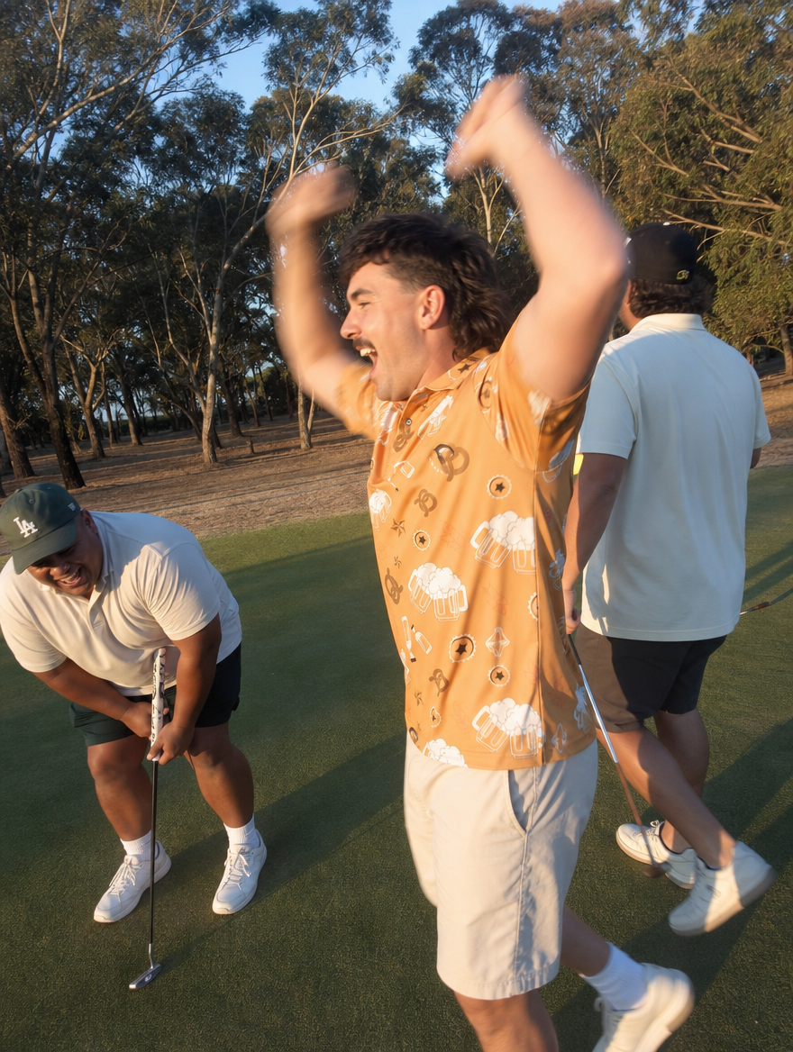 Mates celebrating a putt in the Beverage Cart VIP polo