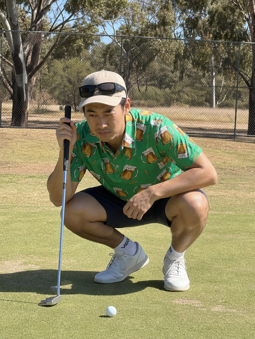 Golfer reading a putt in the Green Fees polo